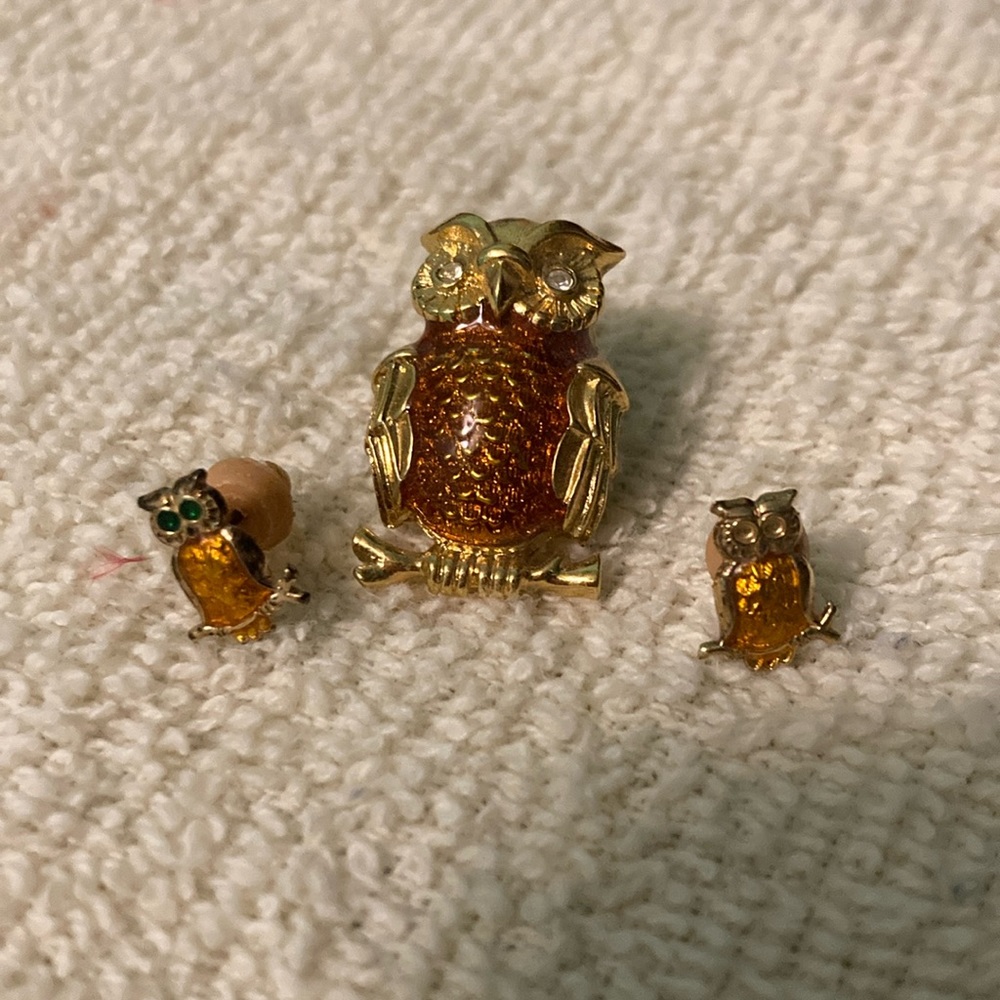 Gold Owl Brooch & Earrings